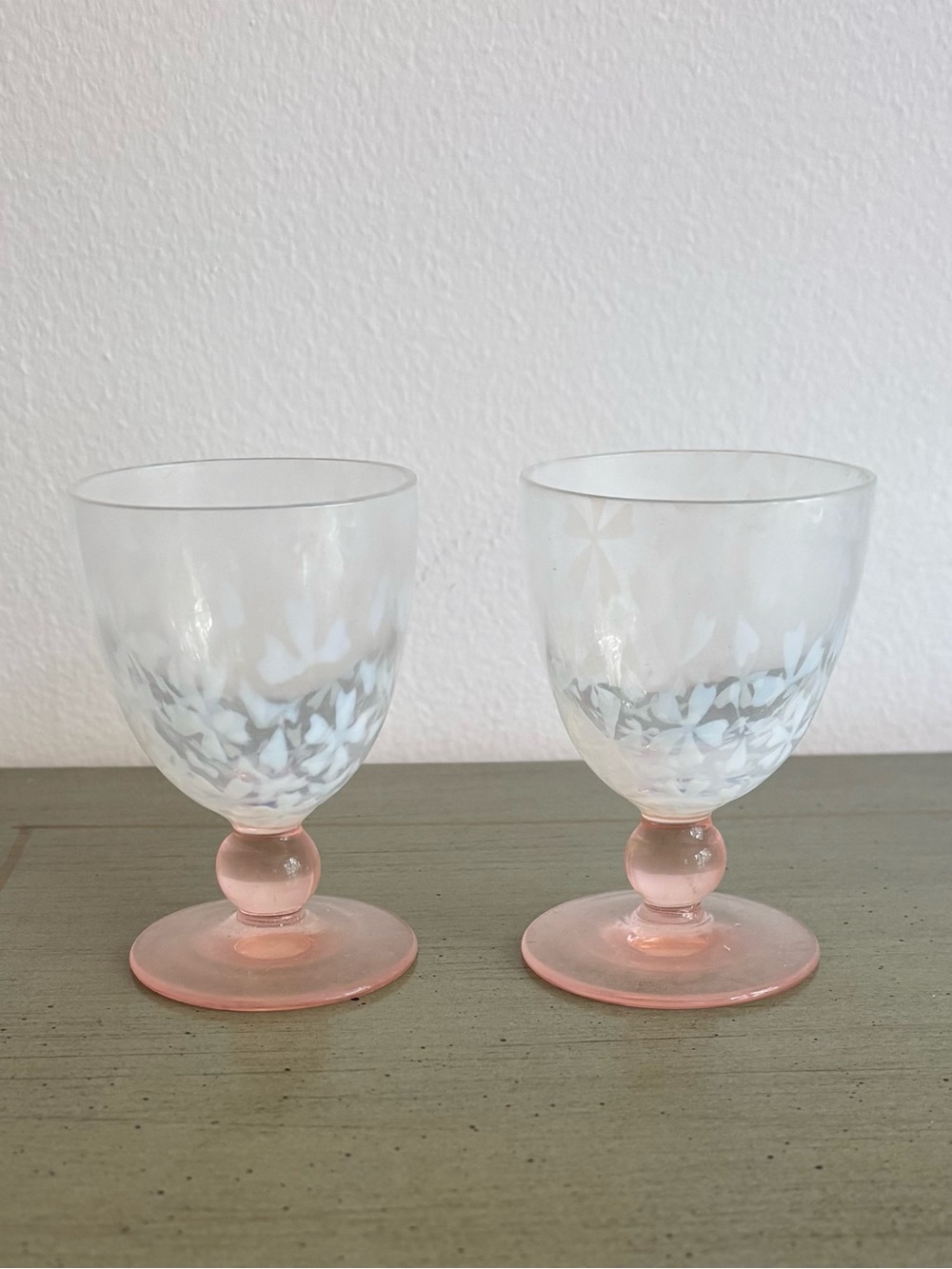 Glass Vintage Sake Cups with Pink and White Design - Set of 2